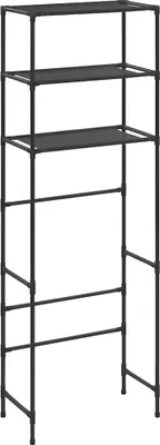 A black metal shelving unit with three shelves, designed to fit over a toilet.