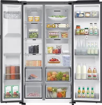 An open side-by-side refrigerator with food items organized inside.