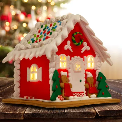 Produktbild von LED Lebkuchenhaus 13cm Deko Weihnachtshaus rot weiß