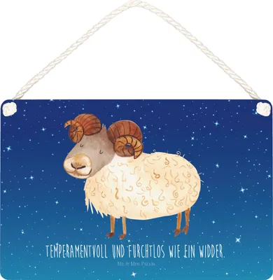 Produktbild von Mr. & Mrs. Panda Deko Schild Sternzeichen Widder DIN A6 - Sternenhimmel Blau - Geschenk, Geburtstag April, Schafbock, Holzschild, kleine aufmerksamkeit, wandtafel, März