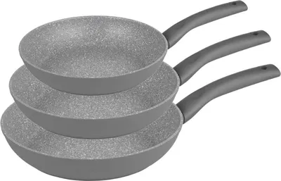 Three stacked frying pans on a white background.