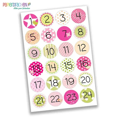 Produktbild von 24 Adventskalender Zahlen Aufkleber - Rosa grün für Mädchen Nr 14 - Sticker 4 cm - zum Basteln und Dekorieren