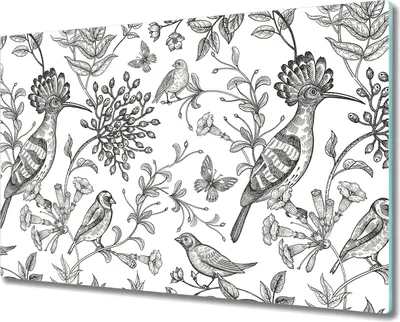 Produktbild von Herd-Abdeckplatte Glas Schneidebrett Ceranfeld-Abdeckung - 80x52 cm - Vogelskizze weiß
