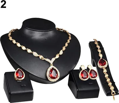 Produktbild von Damenmode-Strass-Anhänger-Halsketten-Ring-Armband-Ohrring-Schmuckset-Rot