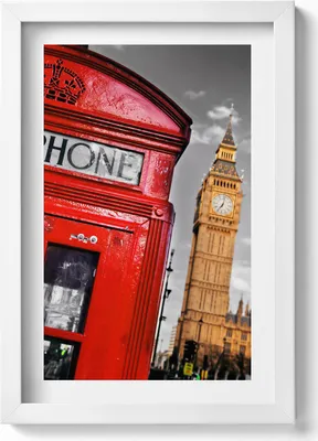 Produktbild von Telefonzelle und Big Ben - England– Wandbild mit Rahmen – Gerahmtes Bild  – Wanddekoration – 20x30 cm – Weiß