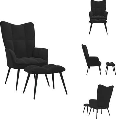 A black velvet armchair and ottoman are displayed from multiple angles against a white background.