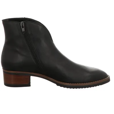 A side view of a black leather ankle boot with a wooden heel.