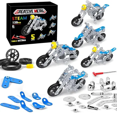 Productafbeelding van Metalen Bouwpakket - Motorfietsen Set - Creatief Spelen - Vijf Modellen - 139 Onderdelen - Multicolor