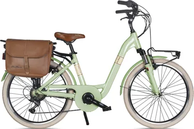 A light green electric city bike with a brown leather saddlebag.