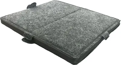 A folded gray felt mat with black trim, seen from a slight angle.