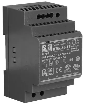 Zdjęcie produktu dla MEAN WELL HDR-60-12, 85 - 264 V, 60 W, 12 V, 4,5 A, RoHS, 52,5 mm