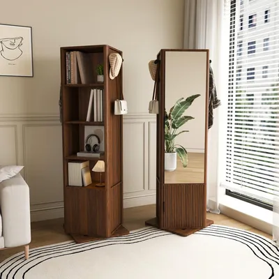Image de Armoire miroir pleine longueur, boîte à bijoux, étagère rotative à 360°, porte-vêtements, en MDF, finition noyer