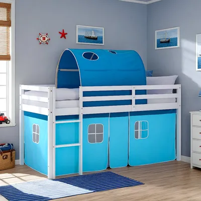 Produktbild von Homestyle4u Hochbett 90x200 Kinder Weiß mit Rutsche Tunnel Vorhang Blau Junge Kinder Weißbett Spielbett