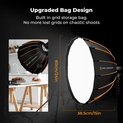 Obrázok produktu pre Parabolický difúzor s mäkkým svetlom – konektor Bowens – 60 cm – skladací – úložná taška – honeycomb mriežka – štúdiové osvetlenie