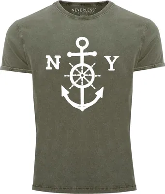 Produktbild von Cooles Angesagtes Herren T-Shirt Vintage Shirt Anker mit Steuerrad Used Look Slim Fit Neverless® oliv M