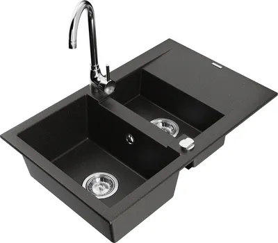 Produktbild von Mexen Gaspar 1,5-Becken-Granitspüle mit Abtropffläche und Mischbatterie Telma, Schwarz/Gold - 6507-75-670200-00