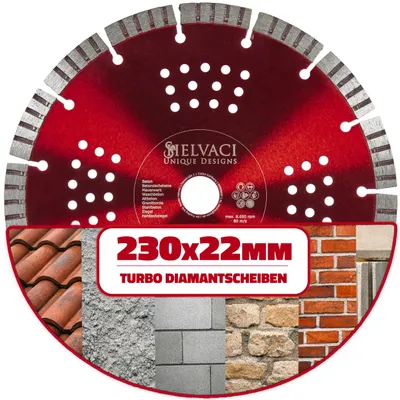 Produktbild von SHELVACI UNIQUE DESIGNS® - Profi Turbo Diamantscheibe ⌀ 230mm & Bohrung 22,23mm für Beton, Mauerwerk & Stein - Diamant-Trennscheibe für Trennschleifer
