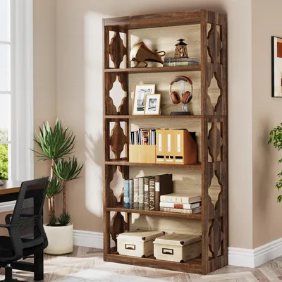 Immagine prodotto di Libreria a 6 ripiani, altezza 178 cm, stile vintage, in legno noce, modello a colonna aperto