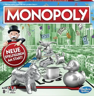 The cover of a Monopoly board game box, featuring the game's iconic characters and tokens against a city skyline.