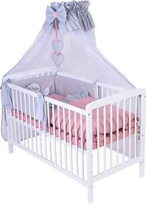Produktbild von KMbaby Babybett Jose weiss 120x60 mit 10tlg Bettwäsche Set Matratze Gitterbett Puder grau