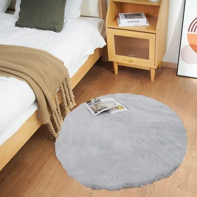 Imagen del producto de Alfombra suave y esponjosa de imitación de piel, antideslizante, de color gris, redonda, de 90 cm de diámetro, ideal para sala de estar y dormitorio. Lavable