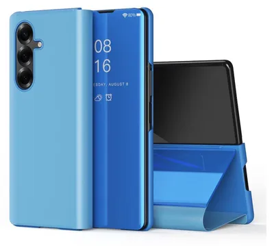 A blue smartphone case with a transparent cover is shown, displaying the time and date. Another part of the case is folded to act as a stand.
