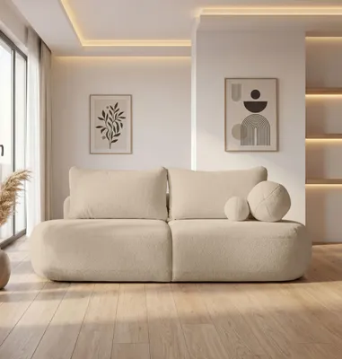 Produktbild von Schlafsofa mit Bettkasten – 3-Sitzer Sofa Couch mit Schlaffunktion – Skandinavische Polstercouch mit Rücken- und Dekokissen für Wohnzimmer – Weicher Boucle in Elfenbein Weiß