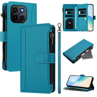 Immagine prodotto di Custodia per Honor X6C/X5B/X5B Plus, con cerniera, portafoglio Custodia flip in Finto cuoio con tasche per carte, supporto e passante per mani Lake blu