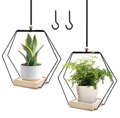 Produktbild von 2 hängende Pflanzgefäße für den Innenbereich, Metallring mit Holzsockel, Hängeblumentopf, Hängepflanzgefäß, Hängepflanzentopf inklusive Aufhängehaken