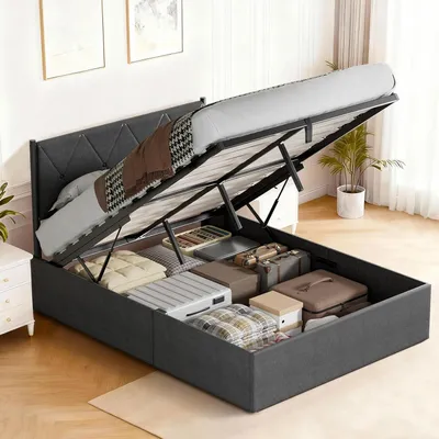 Image de DEWINNER Lit Coffre 140x200 | avec Rangement pour 2 Personnes avec Hydraulique | avec Sommier à Lattes | de Lit en Lin Gris Foncé | Chambre Ordonnée