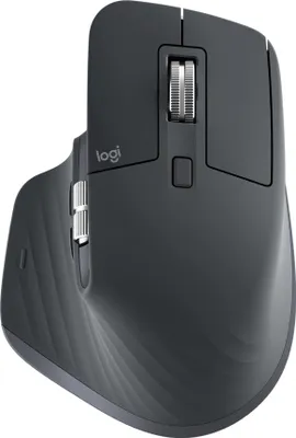 A close-up, top-down view of a dark gray Logitech MX Master 3S mouse against a white background.