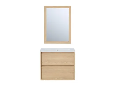 Produktbild von Waschbeckenunterschrank hängend mit Einbauwaschbecken & Spiegel - 60 cm - Eichenholzfurnier - MILIPAM