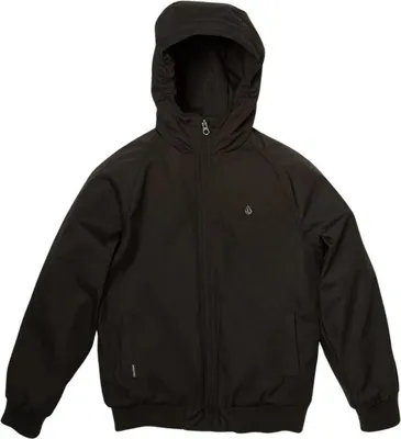 A black hooded jacket is shown against a white background.