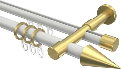 Produktbild von Interdeco Rundrohr-Innenlaufstange / Gardinenstange (Kombination) Weiß / Messing-Optik, Typ Prestige Savio (Kegel), 20 mm Ø 2-läufig, 260 cm