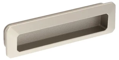 Produktbild von Griff, eingelassen, aus Zinkdruckguss. Lochabstand 128 mm. Flache Aluminiumabdeckplatte. Set mit 6 Stück