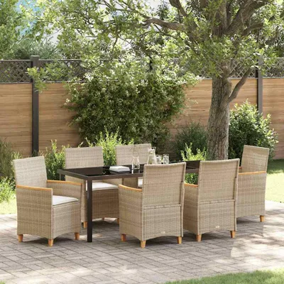 Image de Mobilier d'extérieur exclusif - Ensemble de table et chaises de jardin pour 7 personnes, en polyrotin beige