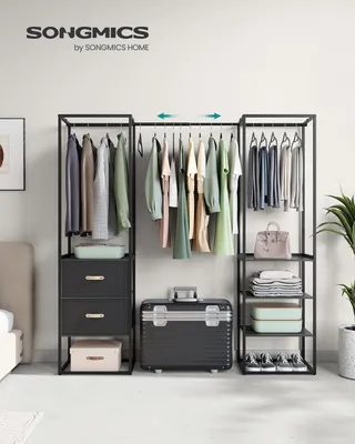 A SONGMICS clothing rack with various garments and accessories displayed.