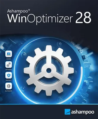 The image is a marketing graphic for Ashampoo WinOptimizer 28 software, featuring a central gear graphic and icons representing software functions.