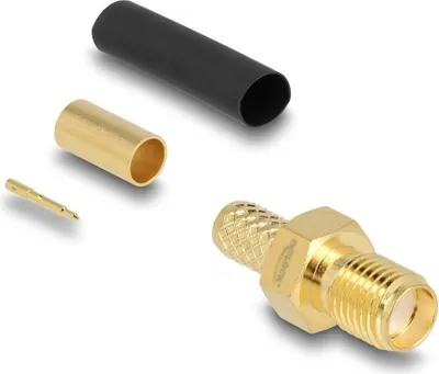Produktbild von Delock RP-SMA Buchse zum Crimpen LMR200 mit passendem Schrumpfschlauch
