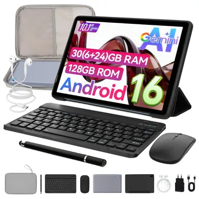 Obrázek produktu pro JENBIZZ Tablet 10'', Android 16, 128 GB interní paměť, 30 (6+24) GB RAM, osmijádrový procesor, duální kamera, baterie 6000 mAh, WiFi 6, včetně klávesnice, pouzdra a tašky, barva: šedá