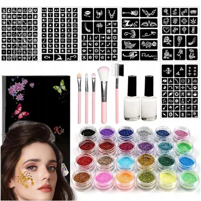 Produktbild von Glitzer Tattoo Set Fuer Kinder Mit Schablonen 24 Farben 2x Kleber 10 Ml Pinsel Wasserfest 3–7 Tage Geschenkbox