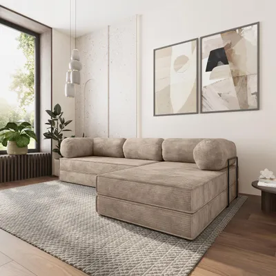 Produktbild von Masseno Ecksofa ETERA mit Metallgestell, Modulares Schlafsofa aus Schaumstoff, Klappbares Bodensofa, Schlaffunktion - Beige, POSO 02