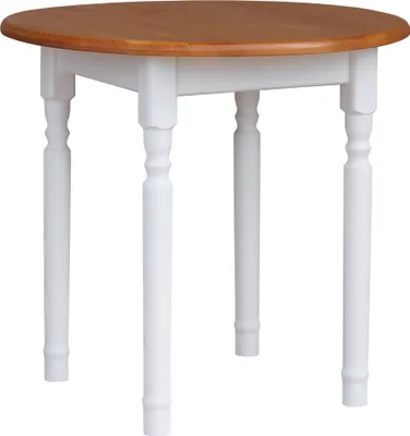 A round wooden table with white legs on a white background.