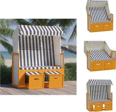Produktbild von vidaXL Strandkorb mit Dach Poly Rattan & Massivholz Weiß & Blau -  Sonnenliegen