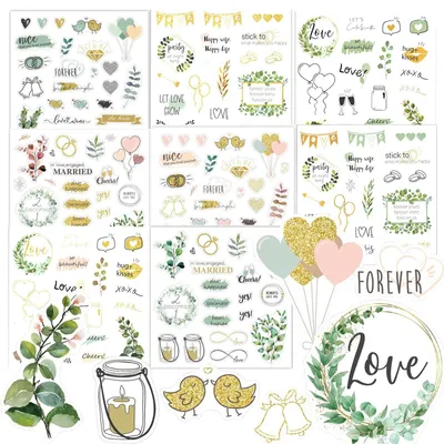 Produktbild von Hochzeits-Sticker-Set - 160 Aufkleber - Für Hochzeitsalbum Gästebuch und Hochzeitsplaner - Gold Grün Kunststoff