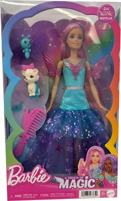 Obrázok produktu pre Bábika Barbie A Touch Of Magic v lesklých šatách, magické zvieratká, čelenka, sponka do vlasov, Mattel JCW48