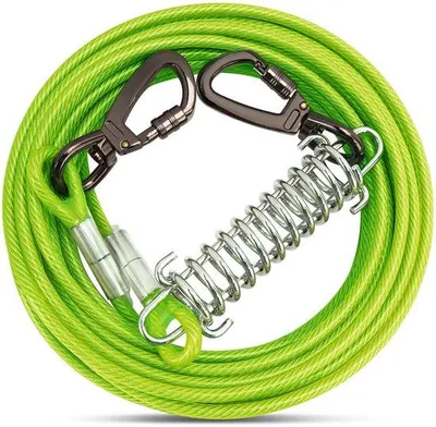 Image de Laisse pour chien Ibenzoa® avec système d'absorption des chocs : câble en acier inoxydable de 5 mm, revêtu de PVC, mousqueton en acier inoxydable rotatif à 360°, disponible en longueurs de 3/6/9/15 mètres, couleur verte