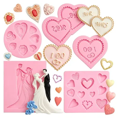 Productafbeelding van Set van 5 siliconen hartvormen voor chocolade en fondant, roze