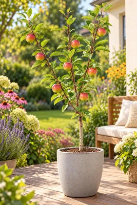 Immagine prodotto di Apfelbaum 'Discovery' 100–120 cm – Malus domestica. Varietà estiva, precedentemente utilizzata come mela da tavola, con frutti rossi e aromatici, resistente al freddo invernale