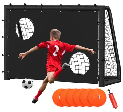 Zdjęcie produktu dla Bramka piłkarska Ikodm 180 x 120 x 60 cm – bramka piłkarska dla dzieci z tablicą i siatką, solidna metalowa bramka do ogrodu i do użytku w pomieszczeniach, czarna